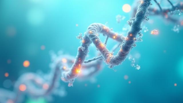 Abstract render of a DNA helix intertwined with microbiome elements, glowing with soft, scientific light.