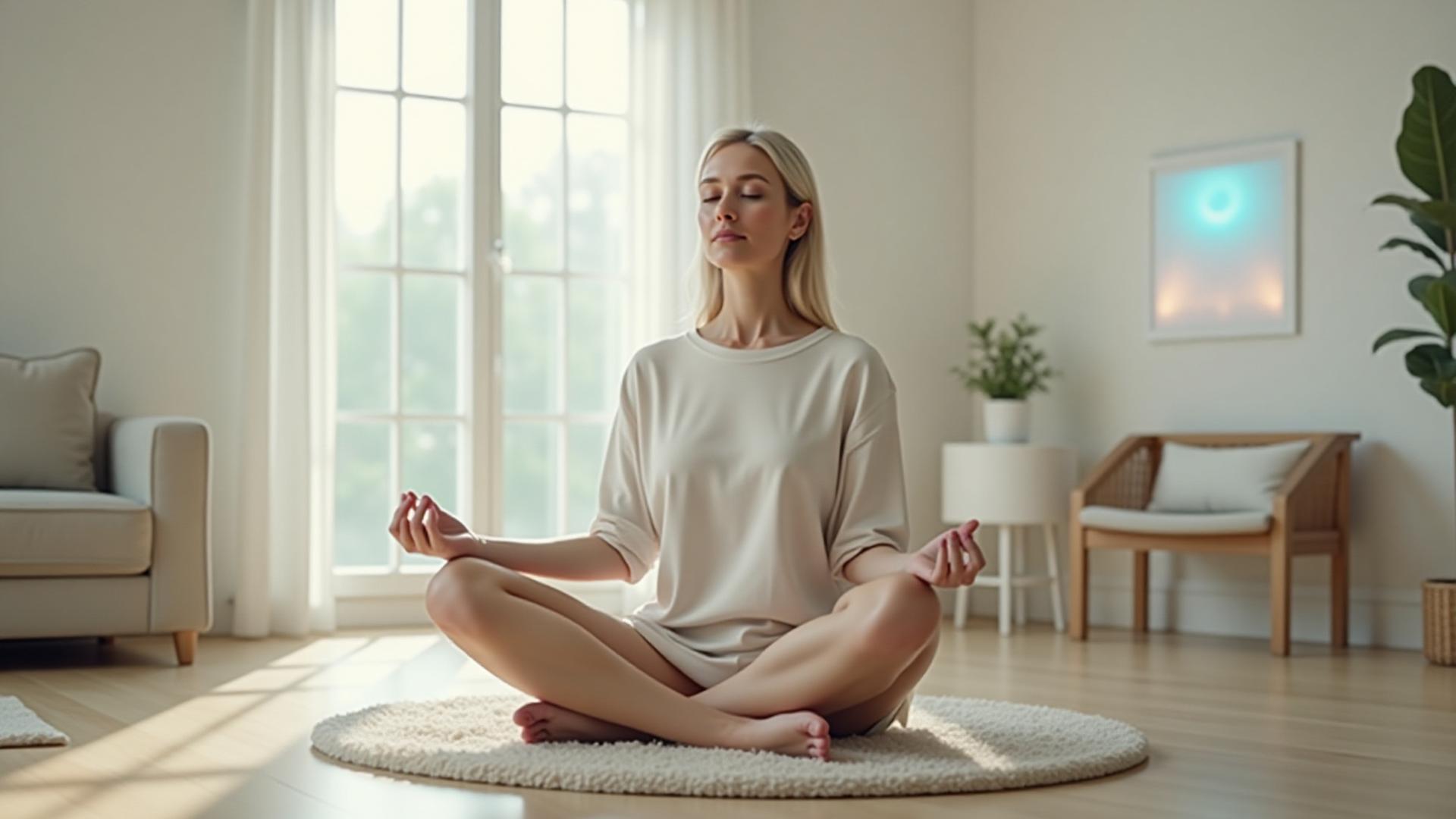 Woman meditating calmly in a modern, minimalist room with soft natural light, a subtle digital interface glowing nearby.