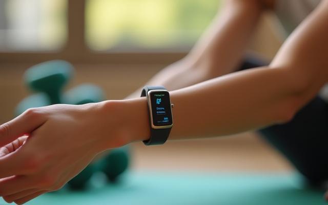 Person using a smart wearable during a workout, with fitness equipment in the background.